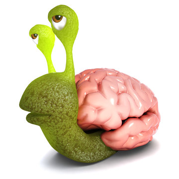 3d Funny cartoon snail character carrying a brain instead of a shell