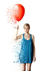 Collapsing and blowing woman with the red balloon