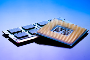technology cyber electronic concept. cpu ram computer on blue light background