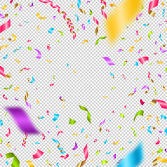 Multicolored confetti on a checkered background. Can be used over any image. Vector illustration.