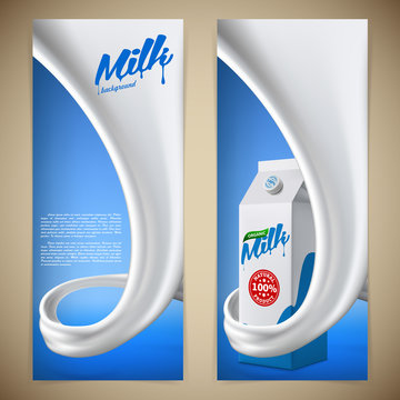 Milk design flyer vector illustration with packaging carton in milk or cream swirl