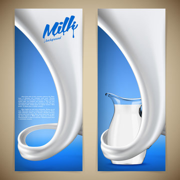 Milk design flyer vector illustration with full glass jug in milk or cream swirl
