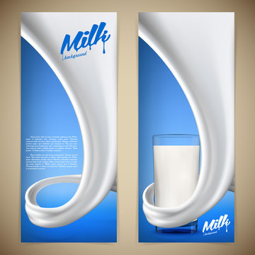 Milk design flyer vector illustration with full glass in milk or cream swirl
