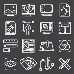 Graphic design, creative package, stationary, software and more, thin line icons set,