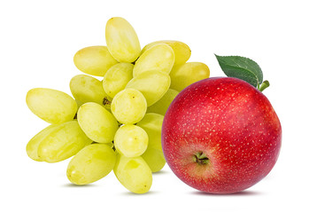 Fresh grapes and apples isolated on white background with clipping pass