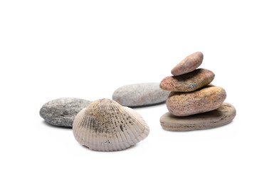 Sea stones and shells isolated on white background