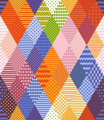 Seamless patchwork pattern from colorful rhombuses patches. Bright multicolor vector illustration of quilt.