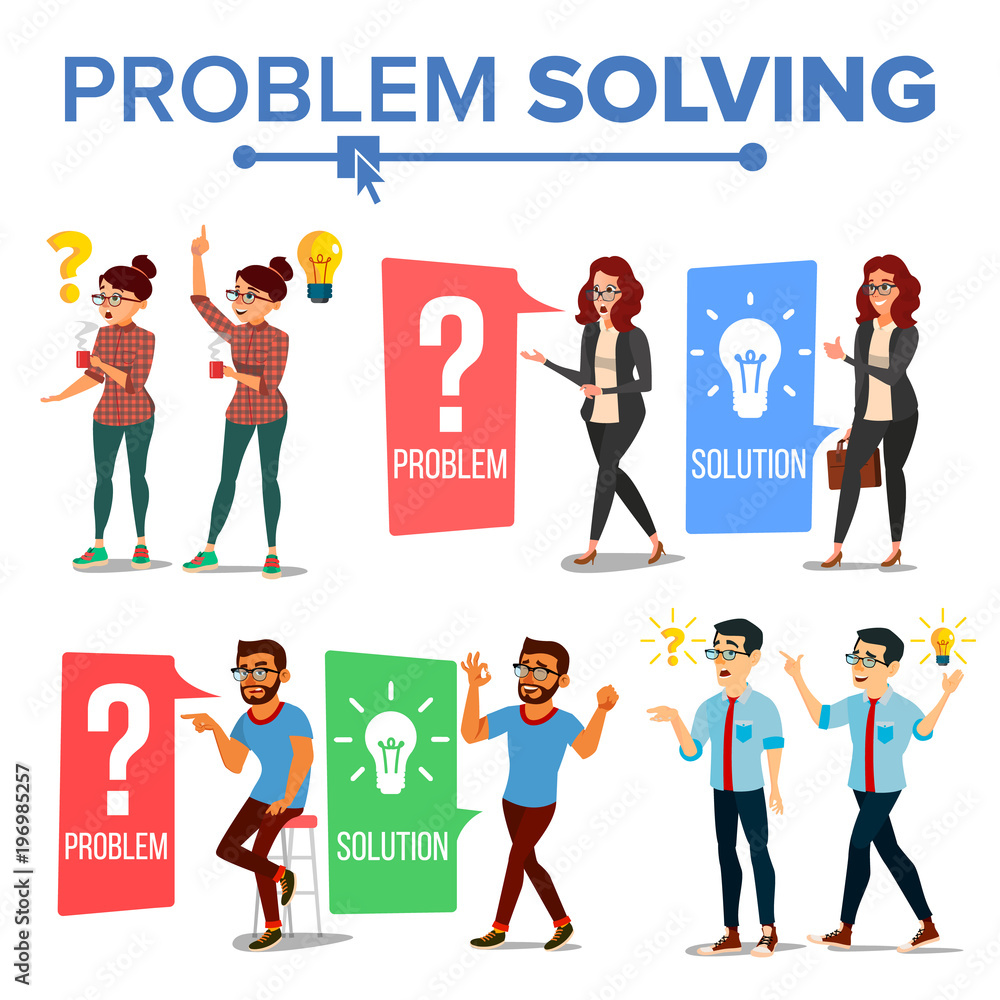 Aufkleber problem solving concept vector. thinking man and woman. question mark, light bulb. creative project 