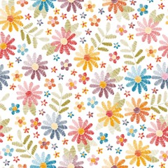 Embroidery seamless pattern. Beautiful flowers and leaves isolated on white background. Colorful fancywork. Fashion print for fabric. Vector illustration.
