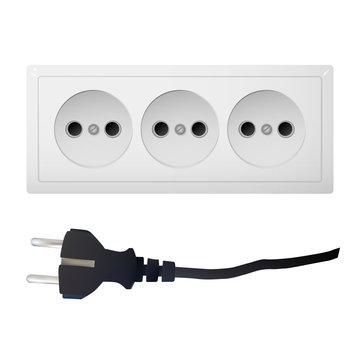 Electric adapter with three connectors and plug. Electrical outlet. Vector illustration.