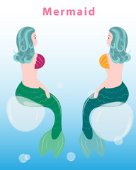 Blue sea water.Two cute Mermaid character sitting on the air bubble.Fairy undine princess.Siren.Cartoon vector illustration