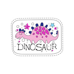Dinosaur patch badge, cute cartoon pink animal sticker hand drawn vector Illustration on a white background