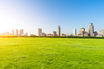 Fototapeta premium green lawn with city skyline