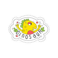 Dinosaur patch badge, cute cartoon yellow animal sticker hand drawn vector Illustration on a white background