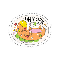 Sweet sleeping unicorn childish patch badge, cute cartoon animal sticker hand drawn vector Illustration on a white background