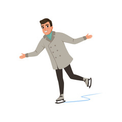 Smiling young man in warm clothes ice skating vector Illustration on a white background