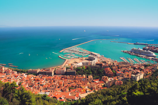 Beautiful summer city view and seascape from Arechi castle. Salerno, Italy