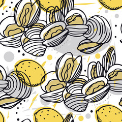 Food Collection Delicious clams and lemons Seamless pattern