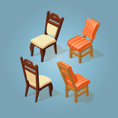 Isometric cartoon chairs icon set isolated on blue. 