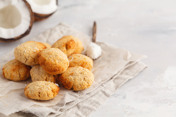 Healthy vegan homemade coconut cookies, light background, copy space. Healthy vegan food concept.