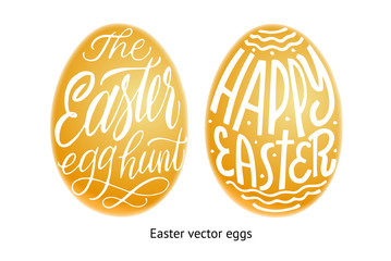 Set of golden eggs. Happy Easter and easter hunt lettering in egg. Vector isolated handwritten Inscription. Brush pen modern style