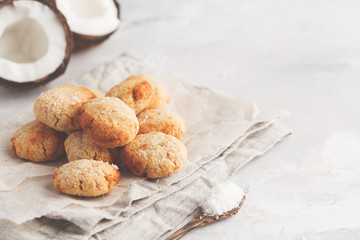 Healthy vegan homemade coconut cookies, light background, copy space. Healthy vegan food concept.