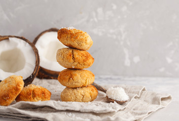 Stack of vegan homemade coconut cookies, light background. Healthy vegan food concept.