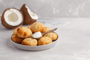 Healthy vegan homemade coconut cookies, light background, copy space. Healthy vegan food concept.