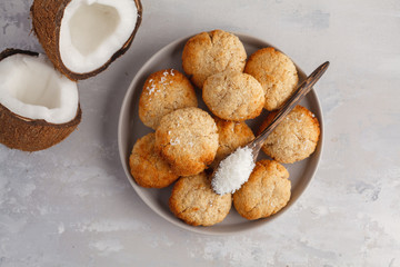 Healthy vegan homemade coconut cookies, light background, top view, copy space. Healthy vegan food concept.