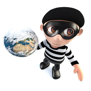 3d Funny cartoon burglar thief character holding a globe of the earth