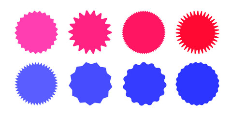 Set of starburst, sunburst, badge shapes. Red and blue vector icons on white background.