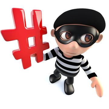 3d Funny cartoon burglar thief character holding a hashtag internet symbol