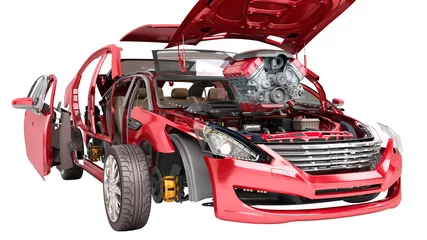 Photo sur Plexiglas Voitures de dessin animé Concept moderne de travaux de réparation automobile Détails de la voiture rouge sur fond blanc pas de rendu 3D d& 39 ombre