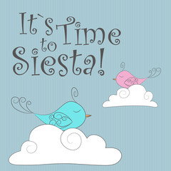 Vector Illustration. Perfect to  cards, postcards, stickers, labels, banners, posters and other things with cut fabulous birds sleeping on clouds in pink and blue colors. Its time to siesta
