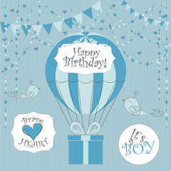 Vector Illustration. Perfect to newborn Birthday cards, postcards, stickers, labels, banners, posters and other things with balloon and gift box in  blue colors. Its a boy. Brave heart