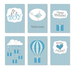 Vector Illustration.Set of 6 printable cards. Perfect to newborn Birthday cards, postcards, stickers, labels, banners, posters and other things in  blue and white  colors. Its a boy. Brave heart.