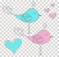 Set of two cut fabulous birds and hearts in pink and blue. Perfect to kids design cards, stickers, t-shirt prints and other things