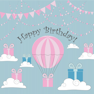 Vector Illustration. Perfect to Birthday cards, postcards, stickers, labels, banners, posters and other things hith balloon and gift boxes in pink and blue colors