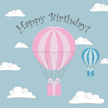 Vector Illustration. Perfect to Birthday cards, postcards, stickers, labels, banners, posters and other things with balloon and fabulous clouds in pink, white and blue colors