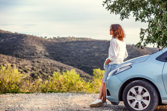 Beautiful Stylish Young Girl Travels By Car, Summer Travel, Freedom, Transport For Rent, New Impressions And Adventure, Freedom And Youth