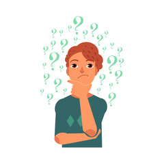 Thinking young man standing under lot of question marks and reflecting on solution of problem isolated on white background. Cartoon character of perplexed male caucasian person. Vector illustration.