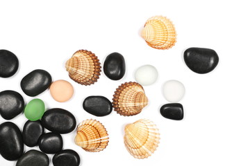 Black and colorful pebbles, rocks with sea shells isolated on white background, top view