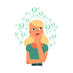 Young woman perplexed with lot of questions. Beautiful caucasian female character reflects on the solution of the problem isolated on white background. Cartoon style vector illustration.