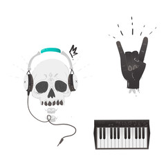 Vector flat music symbols set. hand showing rock and roll sign gesture by fingers, skull in headphones, piano keyboard. Heavy metal, hard classic punk rock culture. Isolated background illustration
