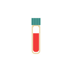 Flat test tube with blood icon. Medical chemical biological pharmaceutical equipment. Pharmacology laboratory analysis glassware. Vector isolated background illustration.