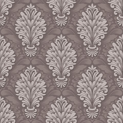 Vector volumetric damask seamless pattern background. Elegant luxury embossed texture for wallpapers, backgrounds and page fill. 3D elements with shadows and highlights.