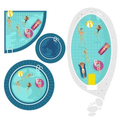 Vector cartoon people swimming in circle pool with blue tile walls water set Vacation summer travelling and holiday concept. Male female character having fun. Isolated illustration white background
