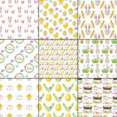 Fototapeta na wymiar Easter vector cartoon seamless pattern background holiday decoration spring celebration traditional greeting symbols.