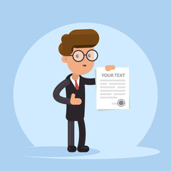 Businessman or manager holding a contract or another document with signature. Flat vector illustration isolated on background.