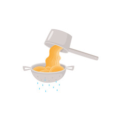 Cooking instruction of preparing instant noodle with draining cooked hot spaghetti in colander isolated on white background. Step by step manual guide of preparation pasta. Flat vector illustration.
